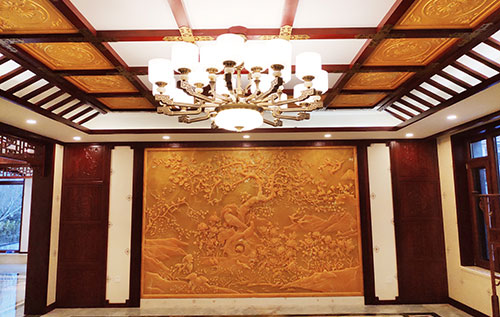 开阳中式别墅客厅中式木作横梁吊顶装饰展示